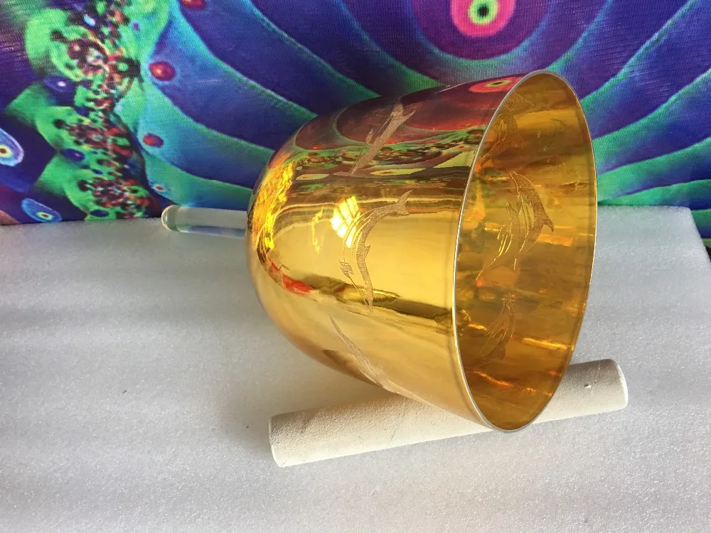 24k gold crystal singing handle bowl with dolphins carved design spiritual healing 4th octave C# note Sexual chakra master bowl