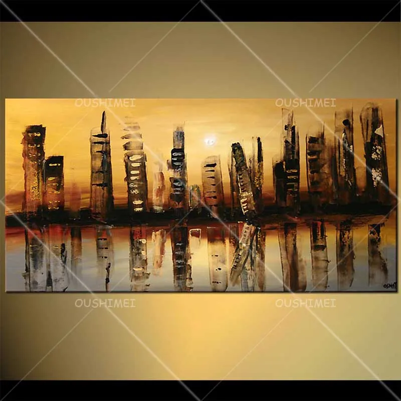 

High-rise Building City Reflected in the Lake Beautiful Night View Classical Hand-painted Oil Painting on Canvas Home Decor