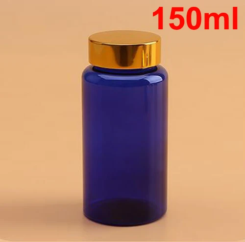 

(100PCS/Lot) 150CC PET Medicine Bottle, Plastic Capsule Bottle,Tablet Bottle 150ML-Translucent Dark Blue Color with Golden Cap