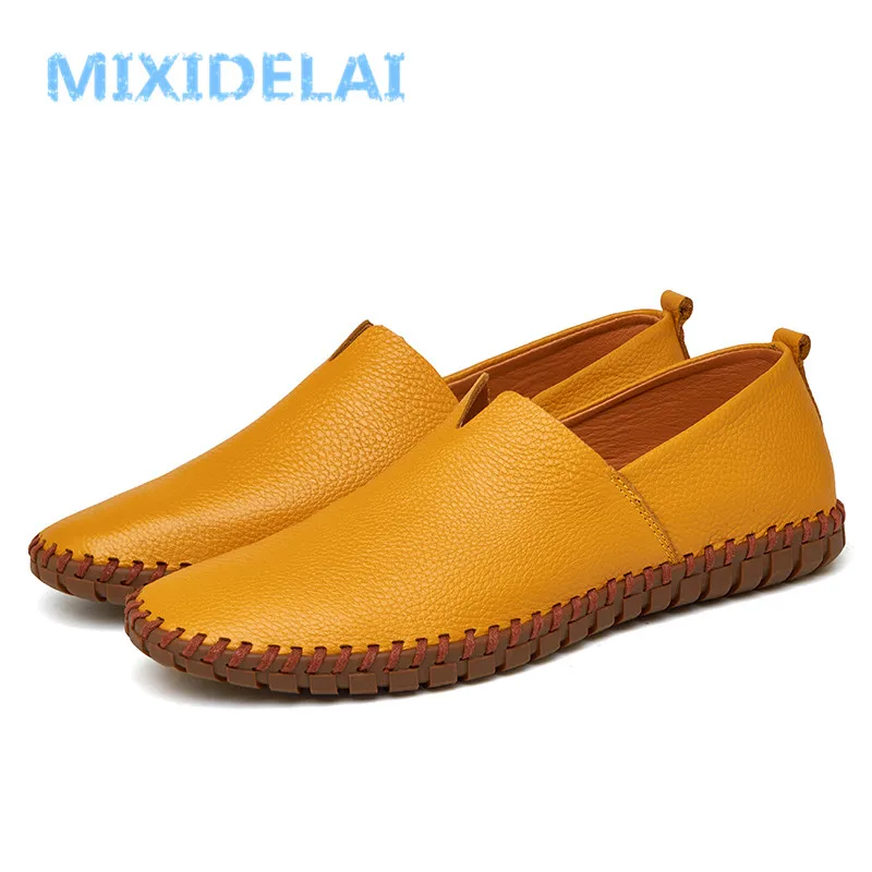 MIXIDELAI Genuine Cow Leather Mens Loafers Fashion Handmade Moccasins Soft Leather Blue Slip On Men\'s Boat Shoe PLUS SIZE 38~47