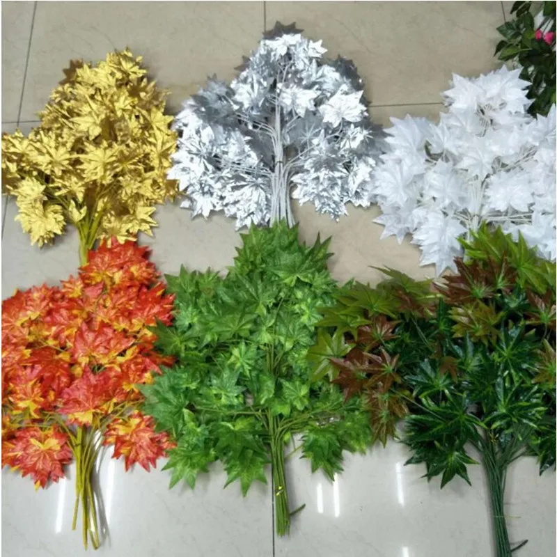 

Free shipping white red green gold silver maple leaf branch leaves artificial silk plant for home decor party supplies