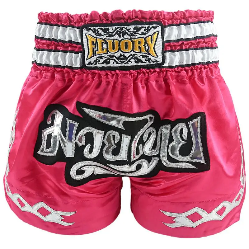 Giovani e bambini (ragazze e ragazzi) pantaloncini fluory Muay Thai patch ricamata pantaloncini da kick boxing colore moda rosa per il combattimento