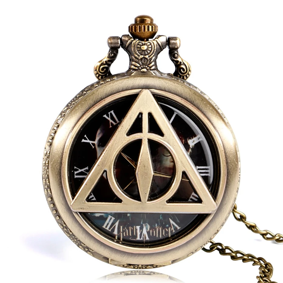 Retro Bronze Triangle The Deathly Hallows Lord Analog Quartz Pocket Watch Necklace Collectibles for Men Women Kids