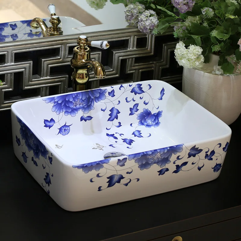 

Rectangular Blue and white Jingdezhen ceramic sink wash basin Ceramic Counter Top Wash Basin Bathroom Sinks laundry sink