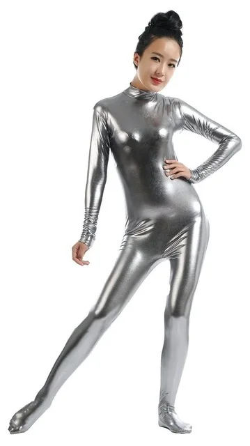 LZCMsoft Women's Gold Long Sleeve Zentai Suit Shiny Metallic Catsuits Zip Footed Full Zentai Bodysuits Adult Cosplay Unitard