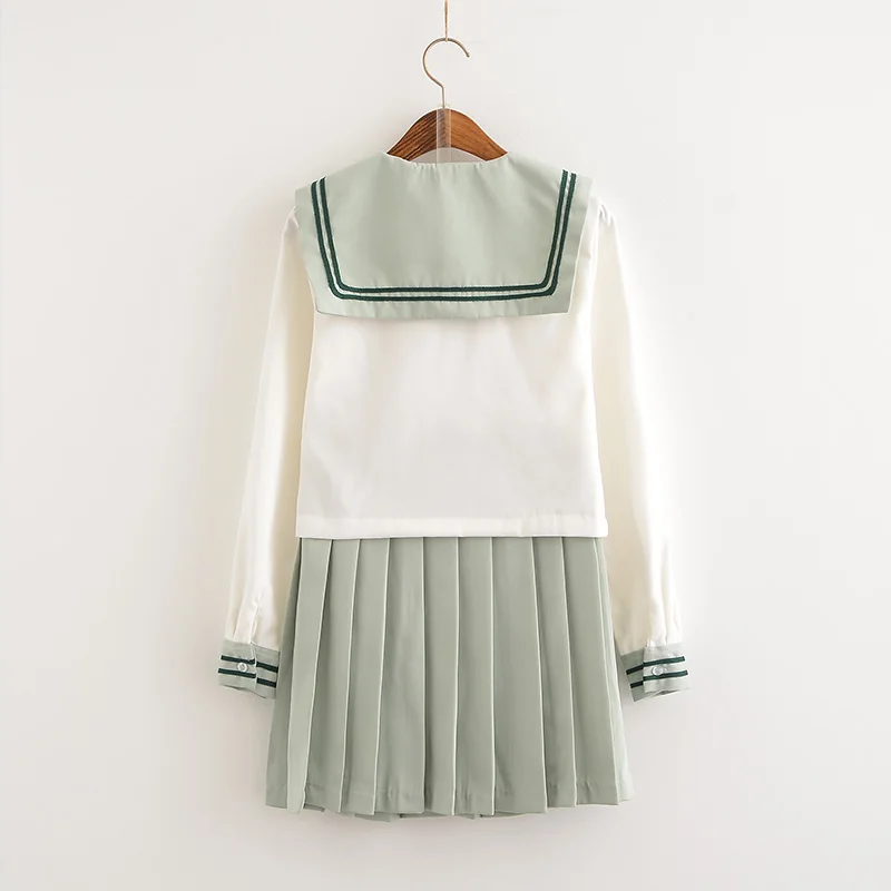 Summer Spring Girls Japanese JK Uniform XL Mint Green Sailor Rabbit Ear Tie Shirt And Skirt With Bow Tie Bear Pattern