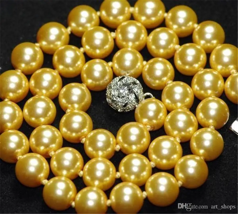 10mm South Golden Sea Shell Pearl Round Beads Necklace 18\