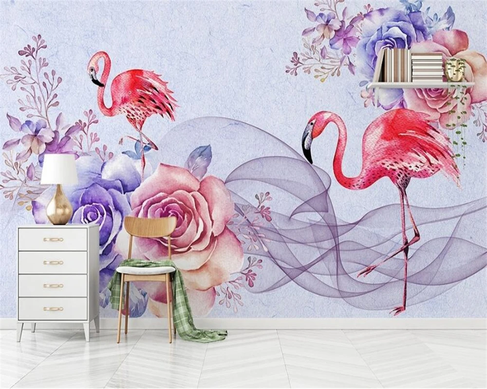 beibehang Classic three-dimensional wall paper Nordic romantic fresh watercolor Flamingo painted background 3d wallpaper behang