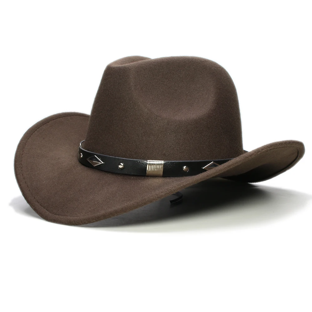 Retro geometri deri Band ebeveyn-çocuk Unisex/çocuk yün geniş ağız kovboy batı şapka Cowgirl Bowler kap (61cm/57cm/54cm)