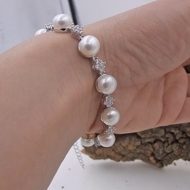 Sinya Natural Freshwater Pearls Daimeter 8-8.5mm Christmas New Years Gift 925 Sterling Silver Bracelets for Women