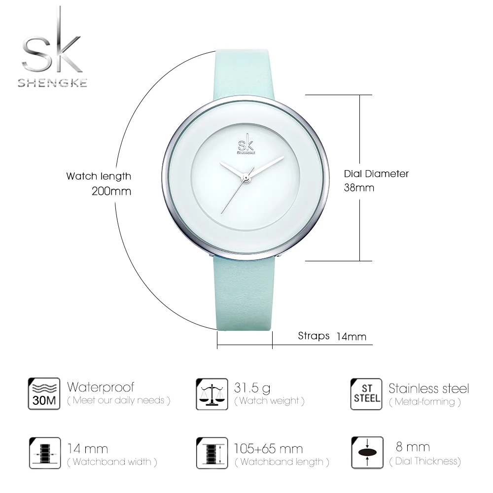 SHENGKE New Skyblue Leather Strap Buckle Women Watches 38 MM Big Top Brand Simple Dial Quartz Luxury Ladies Watch Reloj Mujer