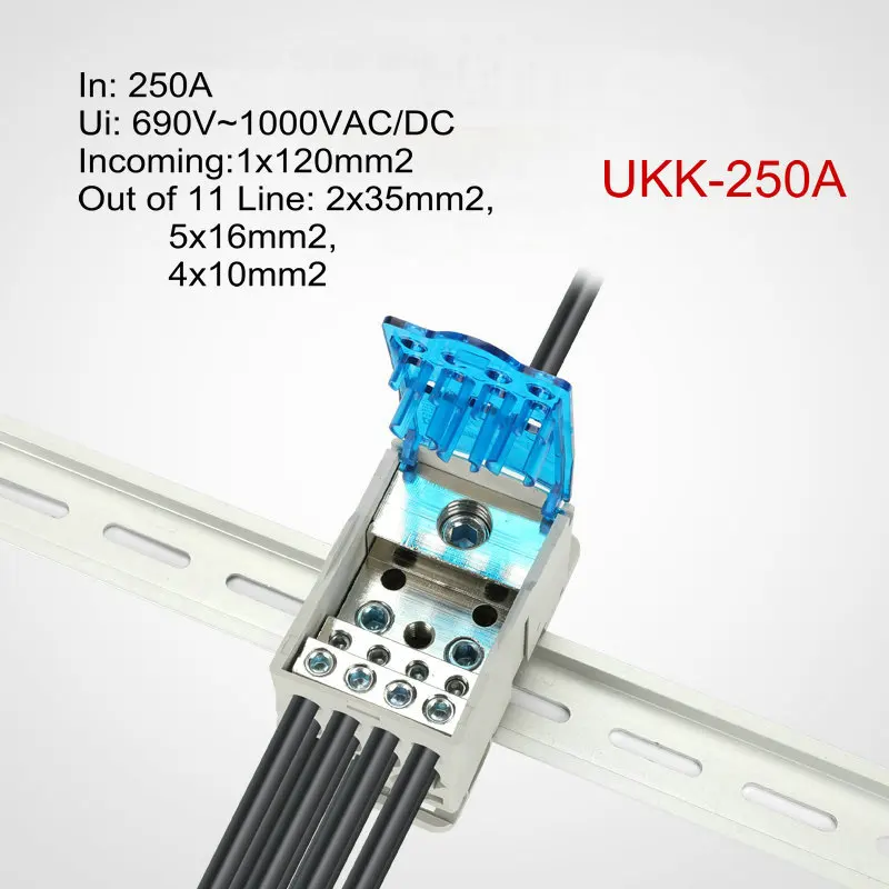 

250A Din Rail 1 in Many Output Terminal Block for Distribution Box Universal Power Junction Box Electric Wire Connector UKK250A