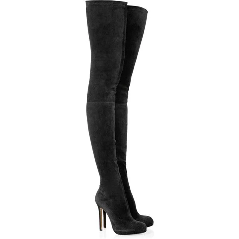 Women Black Thigh High Boots Woman Long Stretch Suede Over the Knee Boots 2021 Ladies Round Toe Platform High Heel Winter Shoes