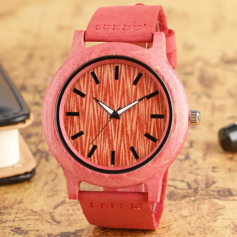 Fashion Women Wooden Watch Analog Bamboo Nature Wood Quartz Wrist Watch Minimalist Female Gift Cool Pink Genuine Leather Strap