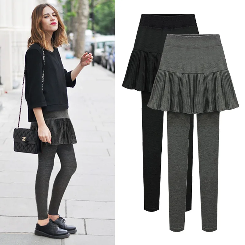 

Autumn High waist Women's Leggings Female Slim Was thin Elasticity Small pants Fertilize Increase Pleated skirt pants