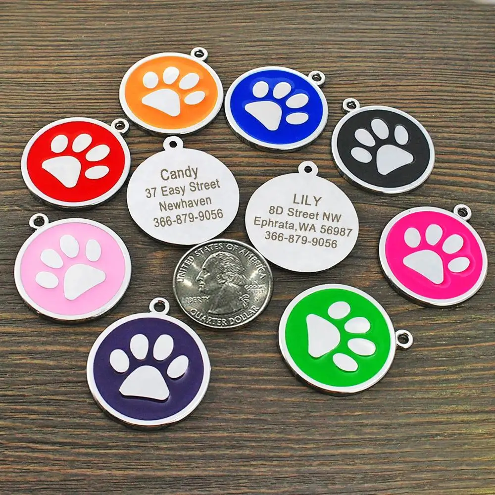 Stainless Steel Personalized Paw Dog ID Tag Dog Accessories Metal Customized Round Pet Dog ID Tags Plate Pet 8 Colors