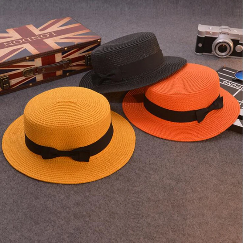 New  Summer Women Boater Beach Hat Female Casual Panama Hat Lady Ribbon Classic Bowknot Flat Sun Hat Women Fedoras Travel