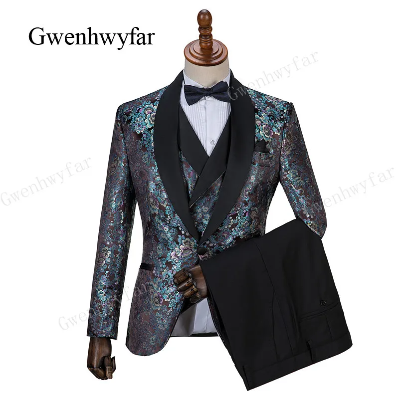 

Gwenhwyfar Men Suit One Button Black Jacquard Suit With Pants Tuxedo Shawl Collar Wedding Suit Custom Made (Jacket+Pants+Vest)