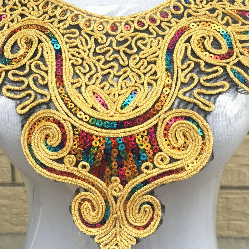 Golden Sequined Embroidered Applique Trim Decorated Lace Neckline Collars Sewing Paillettes Patches for clothes Craft