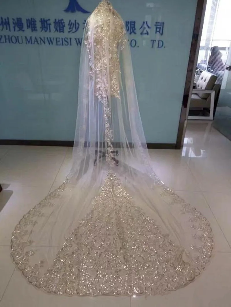 Real Image Wedding Veils 3 Meters Long Cathedral Length 2019 Bridal Accessories Rhinestones Beaded Tulle Bridal Veils