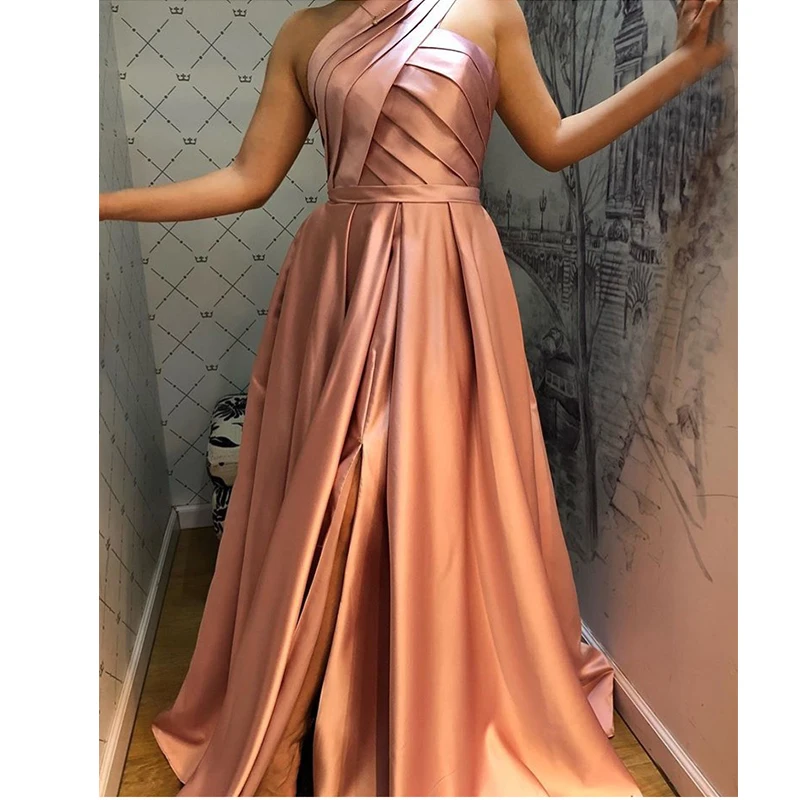 Eine Schulter Lange Prom Kleid Mit Taschen Vorne Split A-linie Falten Rose Rosa Dunkelgrün Satin Formale Party Kleid Prom kleider