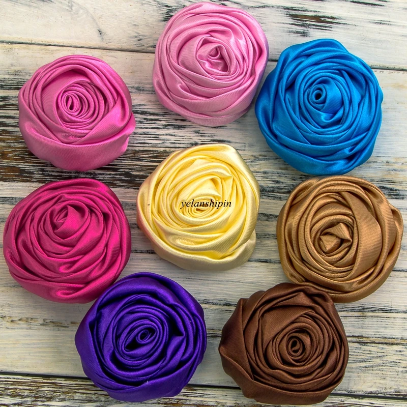 120pcs/lot 5cm 20colors Hair Clips Handmade Rolled Soft Satin Rose Flowers Artifcial Solid DIY Fabric Flowers For DIY Headbands