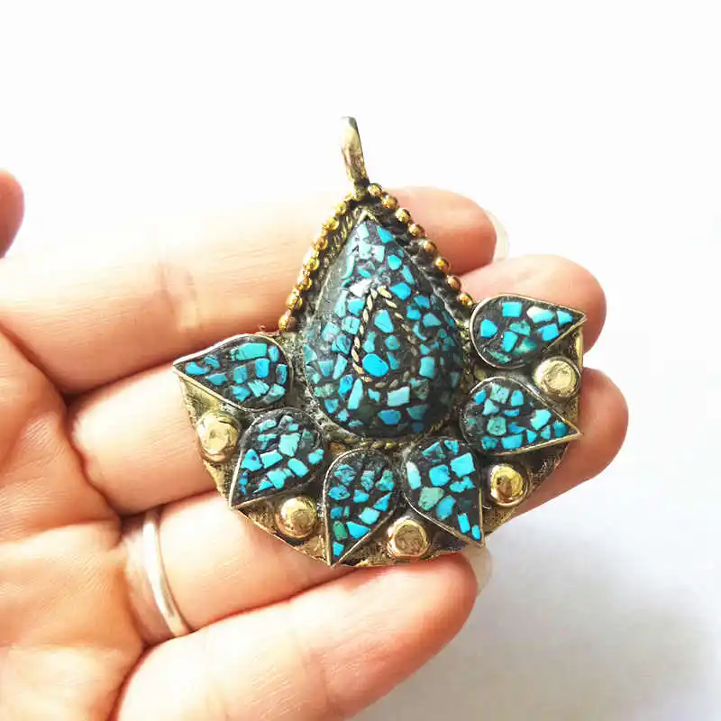 TBP356 Nepal Vintage Hand Jewelry Brass Inlay Turquoise Color Stone Tibetan Fashion Jewel