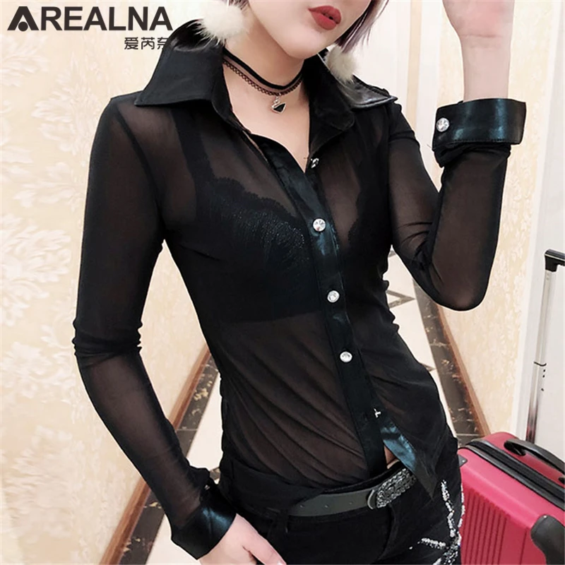 Sexy Mesh Transparent Summer Blouse Women 2022 Kimono Cardigan Long Sleeve Slim Button Up Shirt Nightclub See Through Sheer Tops