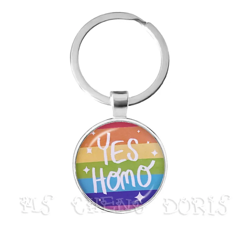 Gay Bi Pride Rainbow Hypoallergenic Key Chains Lesbian LGBT Glass Dome Cabochon Golden-Plated Keychain For Women Men Lover Gift