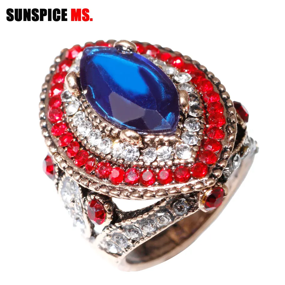 SUNSPICE MS Antiek Goud Kleur Ellipse Rhinestone Ring Voor Vrouwen Marokko Etnische Bruiloft Sieraden Hoge Kwaliteit Vintage Vinger ring