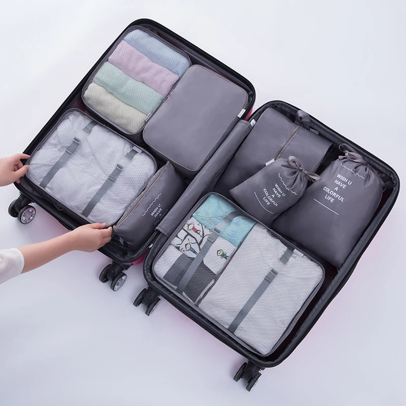 Travel Bag Set Nylon Waterproof Packing Cube Portable Clothing Sorting Organizer Luggage Tote 8Pieces/Set System Tidy Pouch T703