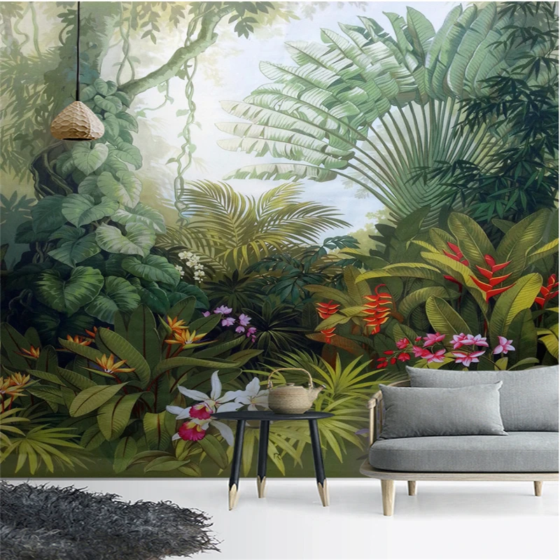 

Custom high quality wallpaper mural hand-painted tropical rainforest plant landscape background wall 3d wallpaper