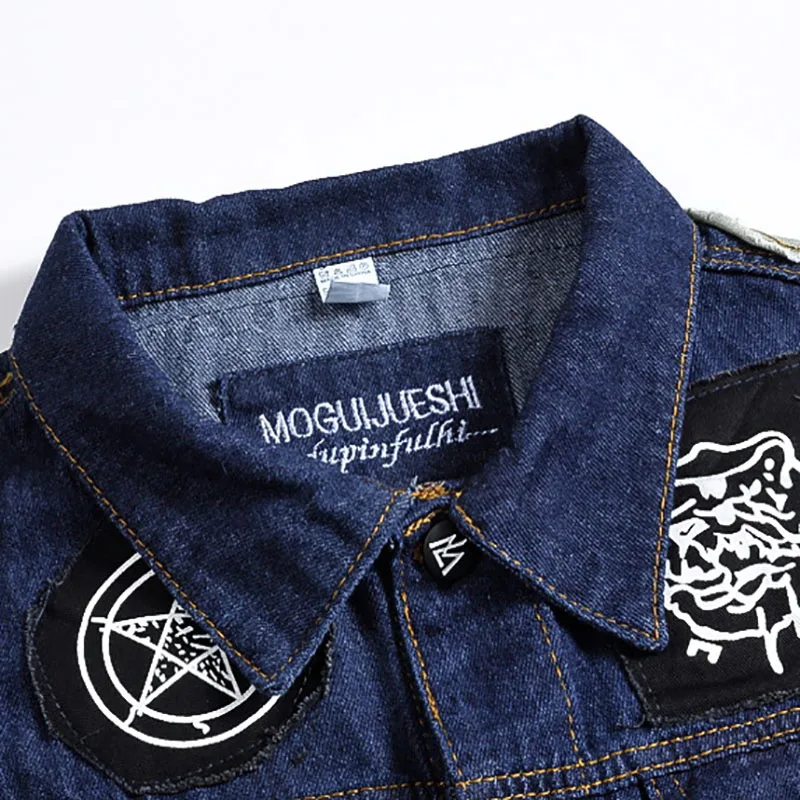 SHIFUREN Mannen Jeans Jas Patch Ontwerpen Mannelijke Lange Mouwen Katoen Denim Jasje Enkele Breasted Punk Rock Stijl Cowboy Streetwear