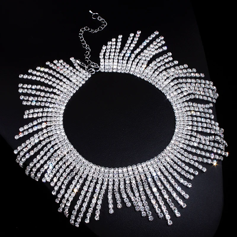 New Fashion Rhinestones Tassel Collar Choker Necklaces For Women Luxury Wedding Jewelry Crystal Statement Necklaces & Pendants