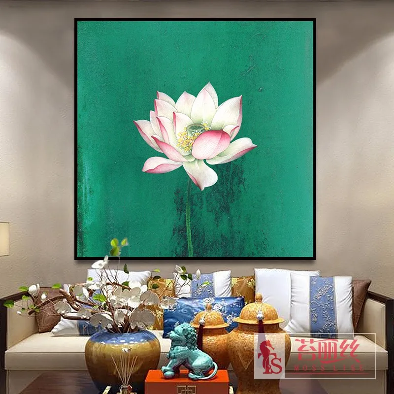 EECAMAIL New Chinese Diamond Painting Elegant Lotus Point Drilling Modern Simple Zen Lotus Point Drill Cross Hanging Painting