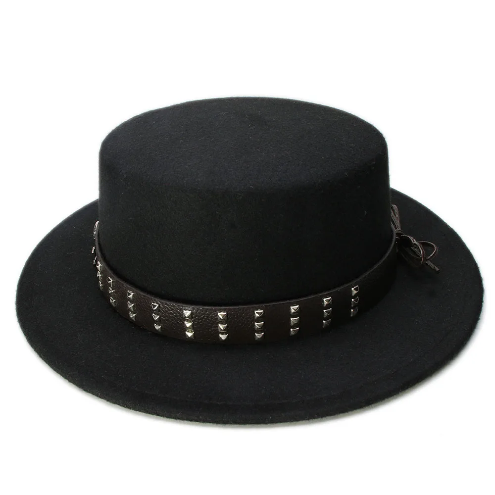 LUCKYLIANJI Women Men Vintage Wool Felt Wide Brim Top Cap Pork Pie Pork-pie Bowler Hat Skull Bead Leather Band (57cm/Adjust)