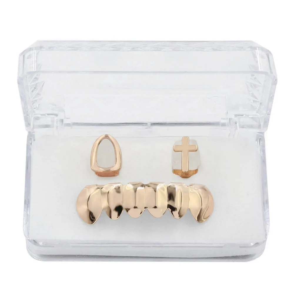 TOPGRILLZ Gold Silver Plated Hollow&Cross Single Top Hip Hop Grillz Classic Bottom Dental Grills Vampire Teeth for Costume Party
