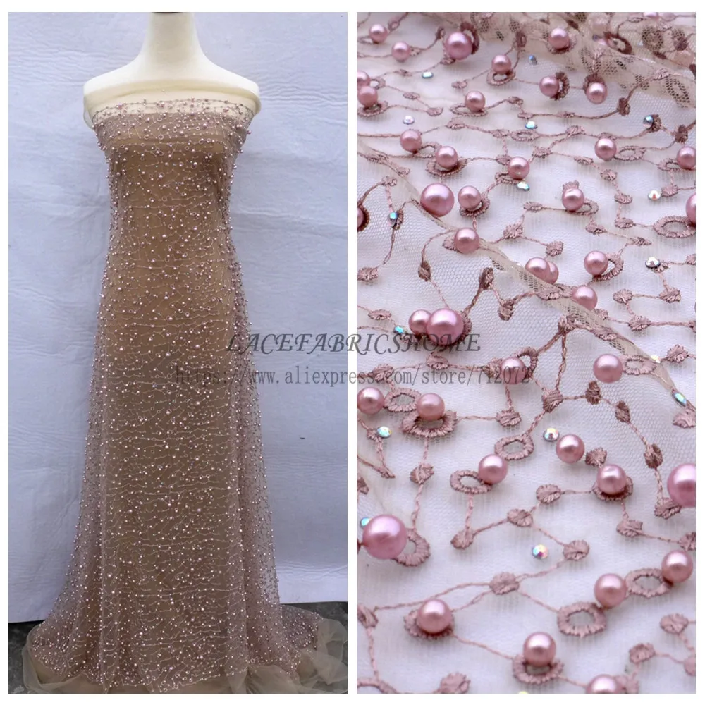 New fashion style metallic stones pearls high grade on netting embroidered wedding dress/evening/show dress lace fabric by yard