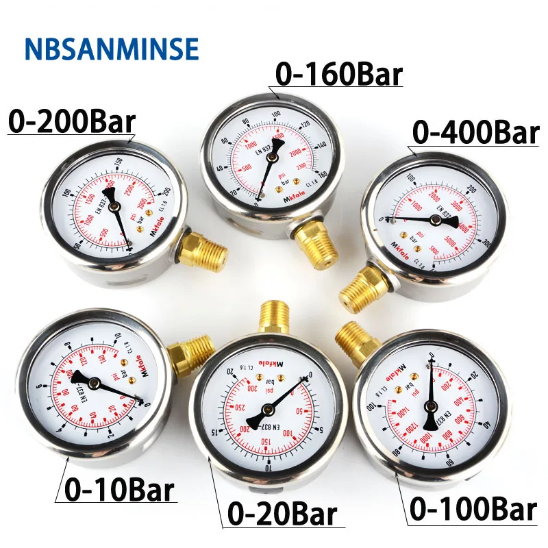 NBSANMINSE Hydraulic High Pressure Oil Gauge SM1SP63L 63mm 2.5inch 1/4 NPT Liquid Manometer Instruments Stainless Steel Gauge