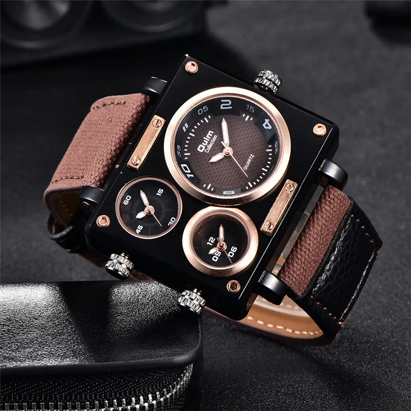 Oulm Watch Luxury Brand Man Fabric Srap Quartz-Watch Clock Male Multiple Time Zones Square Sports Watches erkek kol saati