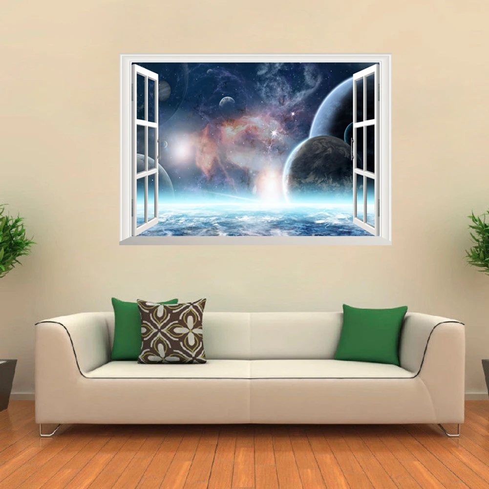 Outer Space Planets 3D Windows Wall Stickers Cosmic Wall Decals for Kids Room Baby Bedroom Ceiling Floor Decoration wall mural