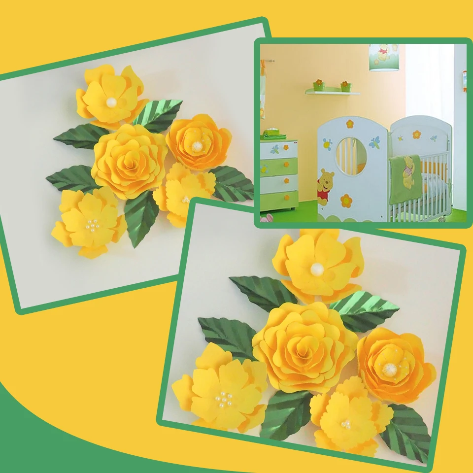 Handmade Yellow Easy Made DIY Paper Flowers Green Leaves Set 4 Nursery Wall Deco Baby Shower Girls Room Backdrop Video Tutorials