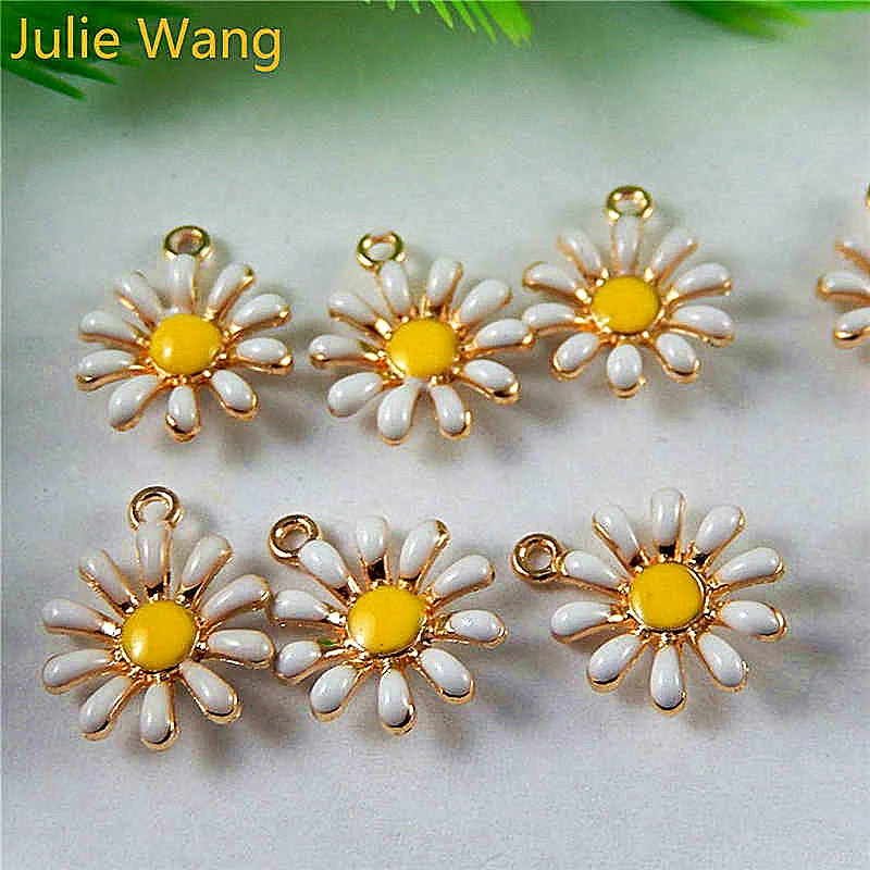 Julie Wang 10PCS Enamel Daisy Sun Flower Alloy Charms Pendant Earrings Bracelet Jewelry Making Accessory