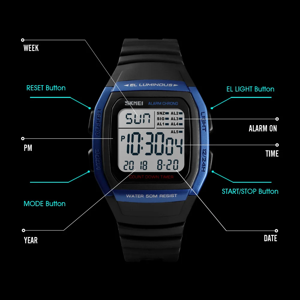 SKMEI Fashion Men Watches Waterproof Sports Digital LED Alarm Chrono Electronic Clock Man Student Wristwatch Relogio Masculino