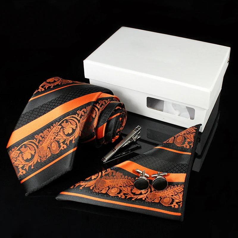 KAMBERFT Luxury Ties for Men Paisley Silk Jacquard Woven Tie Handkerchief Cufflinks&clips Gift Box Set  Wedding Party Neck tie