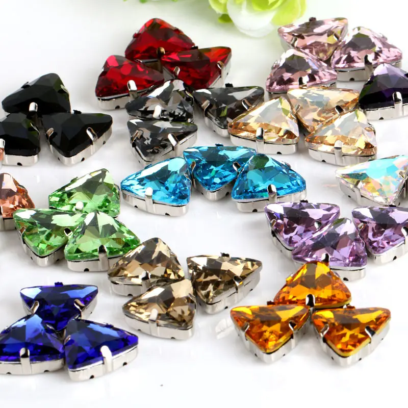 100pcs 18mm mix icolour triangular shape crystal Glass flatback sew on rhinestones with claw DIY Jewelry Accessories