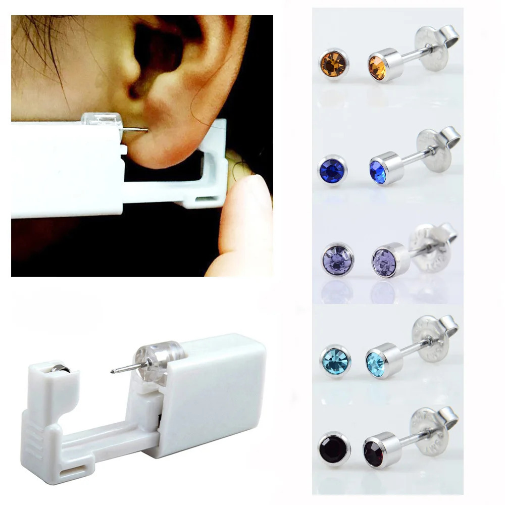 2PC Birthstone Sterilized Disposable Ear Piercing Gun CZ Crystal Ear Studs Safety No Pain Ear Piercing Tool Body Jewelry Gifts