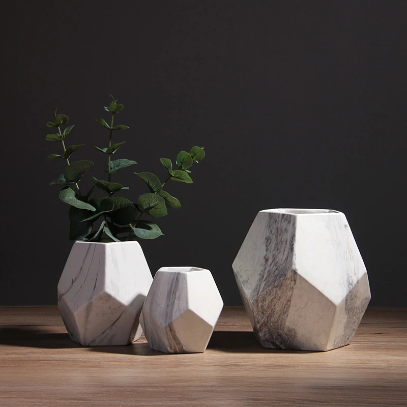 1pc Modern White Marbled Vase Geometric Shaped White Ceramic Flower Vase Desk Tabletop Holder Home Office Decoration, 10/13/17cm