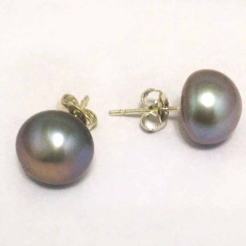 10-11mm Silver Gray Button Natural Pearl Earring Sterling Silver Stud Earring