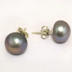 10-11mm Silver Gray Button Natural Pearl Earring Sterling Silver Stud Earring